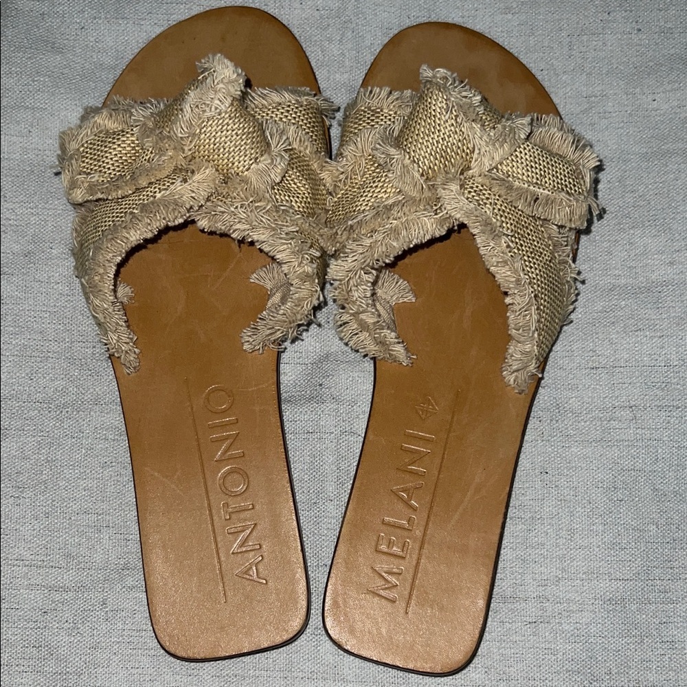 ANTONIO MELANI Frayed Edge Tan Sandals boho Slides